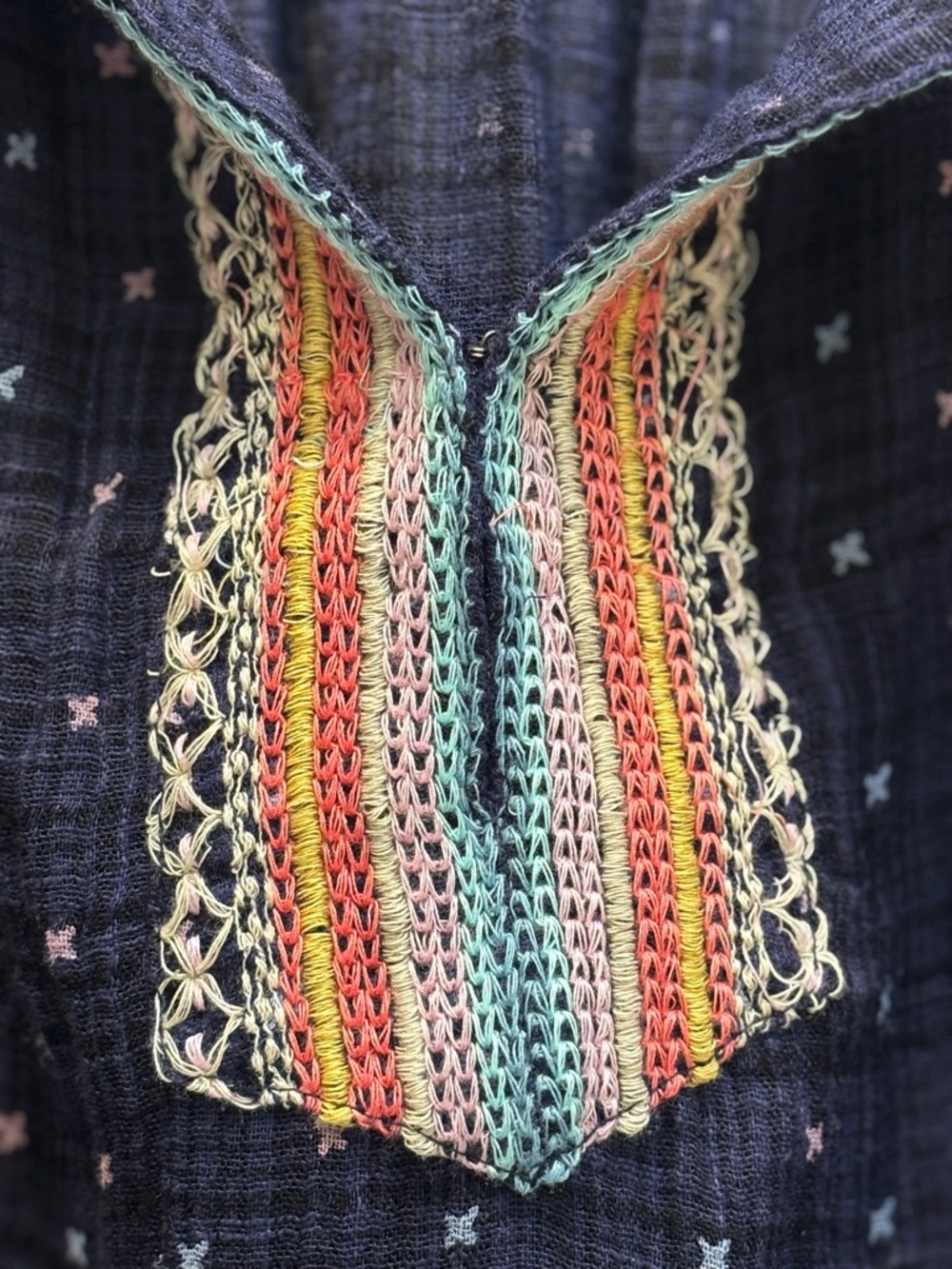 Free People “Talia” Embroidered Top in Navy/Multicolor, Boho Peasant Bell Sleeve - Picture 9 of 14